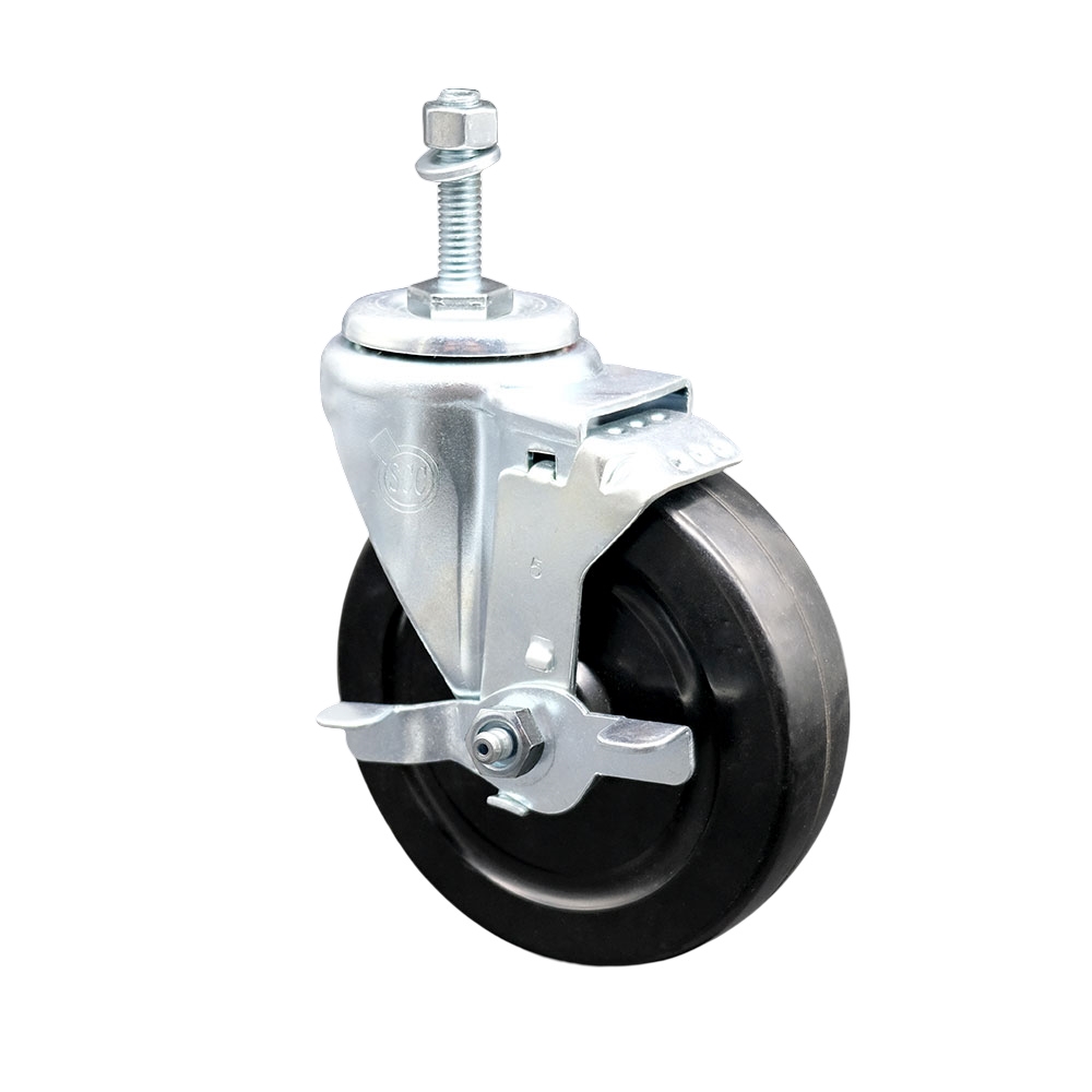 SCC-TS20S514-HRS-TLB-381615 Hard Rubber Swivel Threaded Stem Caster with 5 x 1.25 in. Black Wheel & 0.38 in. Stem & Top Locking Brake