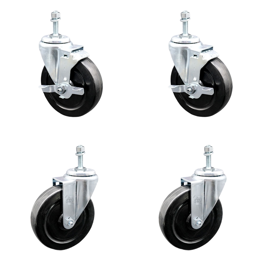 SCC-TS20S514-HRS-381615-2-TLB-2 Hard Rubber Swivel Threaded Stem Caster with 5 x 1.25 in. Black Wheels & 0.38 in. Stems - Set of 4