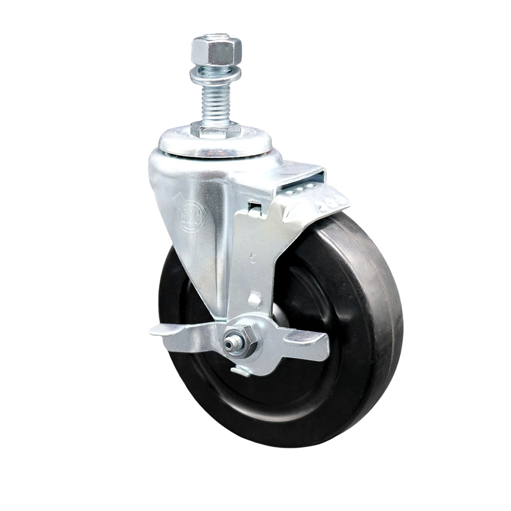Stainless Steel Hard Rubber Swivel Threaded Stem Caster with 5 x 1.25 in. Black Wheel & 0.5 in. Stem & Top Locking Brake