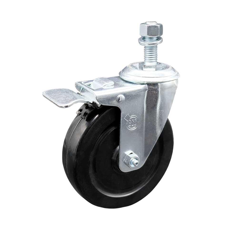 Stainless Steel Hard Rubber Swivel Threaded Stem Caster with 5 x 1.25 in. Black Wheel & 0.5 in. Stem & Total Locking Brake