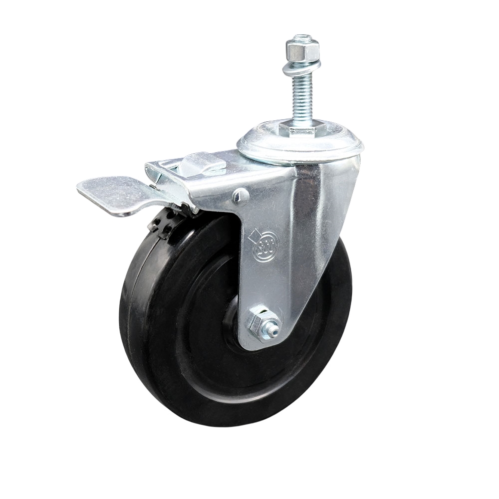 Stainless Steel Hard Rubber Swivel Threaded Stem Caster with 5 x 1.25 in. Black Wheel & 0.38 in. Stem & Total Locking Brake