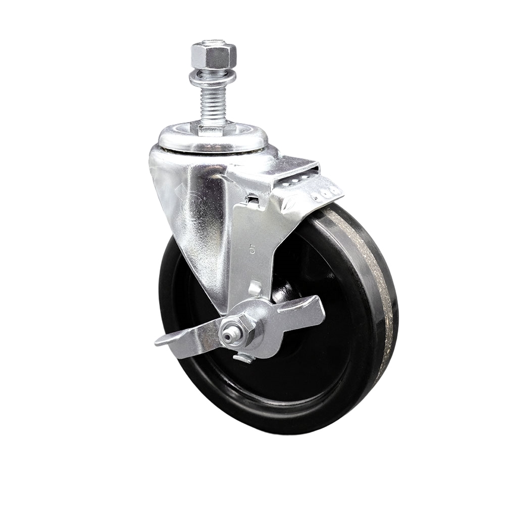 SCC-TS20S514-PHR-TLB-M1215 Phenolic Swivel Threaded Stem Caster with Roller Bearing 5 x 1.25 in. Black Wheel & 12 mm Stem & Top Locking Brake