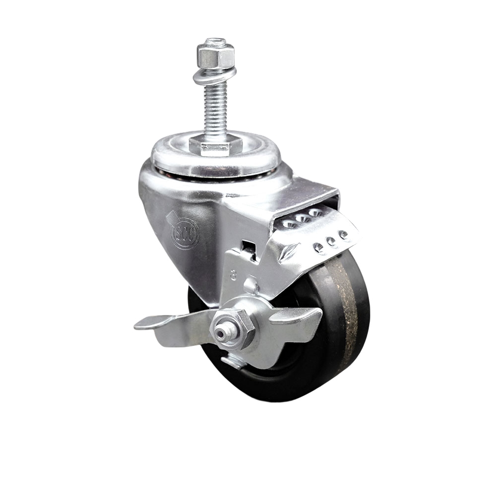 SCC-SSTS20S314-PHS-TLB-M1015 Stainless Steel Phenolic Swivel Threaded Stem Caster with 3 x 1.25 in. Black Wheel & 10 mm Stem & Top Locking Brake