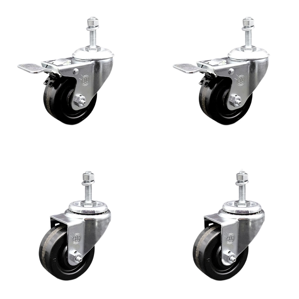 SCC-SSTSTTL20S3514-PHS-M1015-2-S-2 Stainless Steel Phenolic Swivel Threaded Stem Caster with 3.5 x 1.25 in. Black Wheels & 10 mm Stems - Set of 4