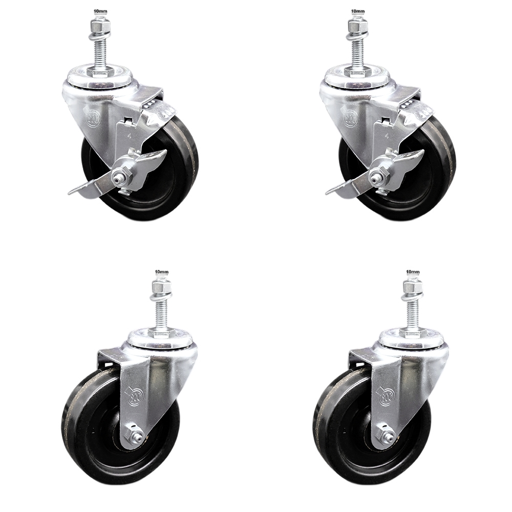 SCC-SSTS20S414-PHS-M1015-2-TLB-2 Stainless Steel Phenolic Swivel Threaded Stem Caster with 4 x 1.25 in. Black Wheels & 10 mm Stems - Set of 4