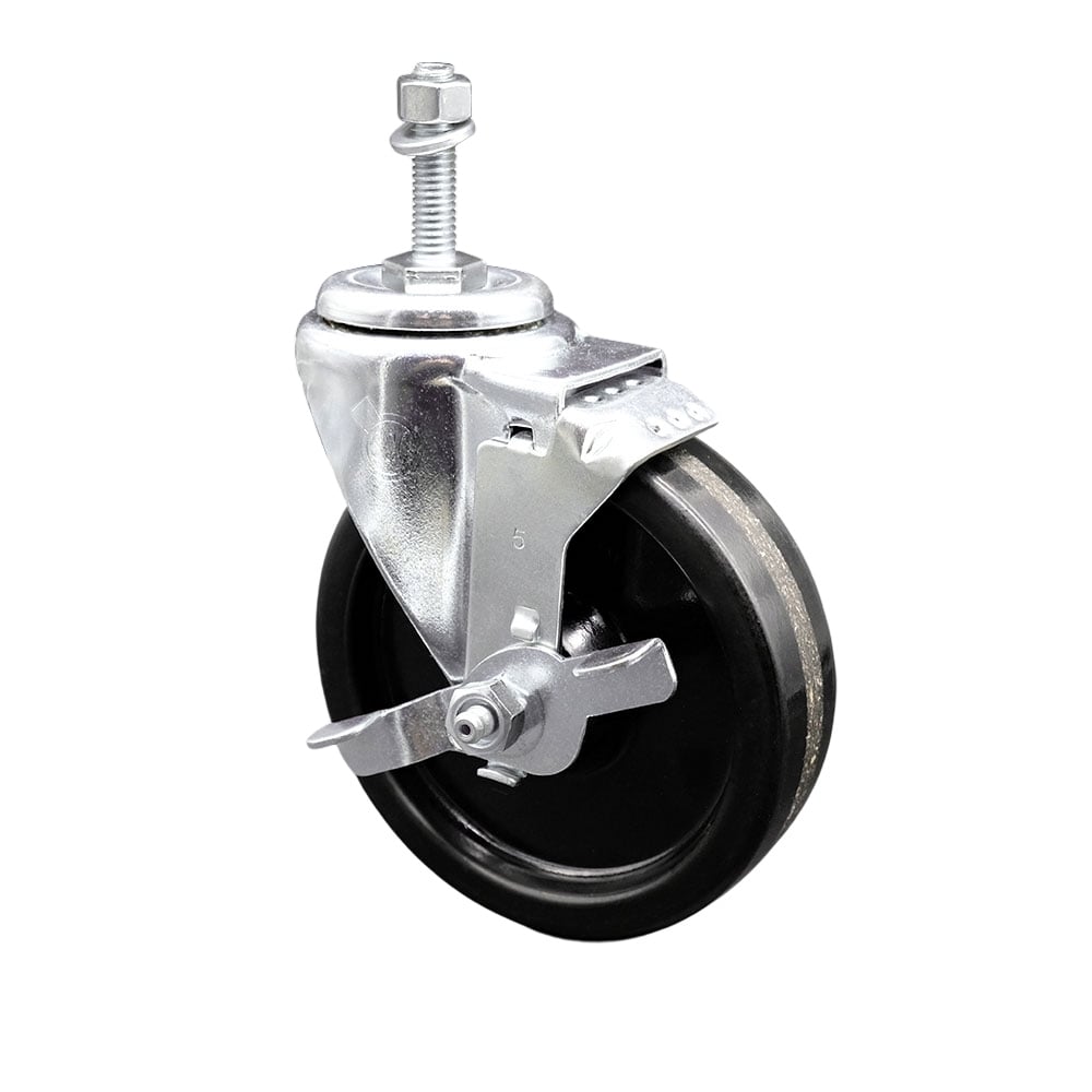 SCC-TS20S514-PHS-TLB-381615 Phenolic Swivel Threaded Stem Caster with 5 x 1.25 in. Black Wheel & 0.38 in. Stem & Top Locking Brake