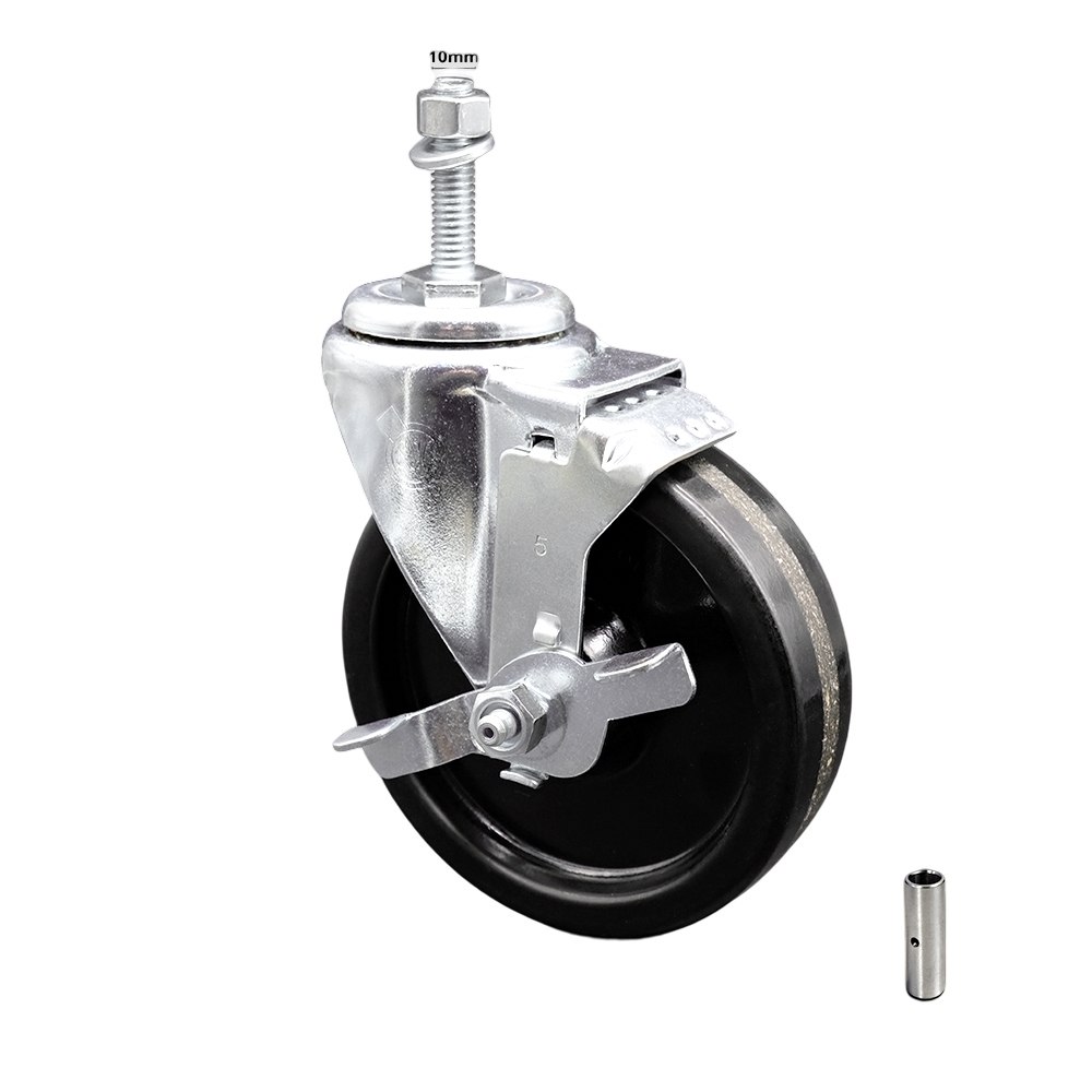 SCC-SSTS20S514-PHS-TLB-M1015 Stainless Steel Phenolic Swivel Threaded Stem Caster with 5 x 1.25 in. Black Wheel & 10 mm Stem & Top Locking Brake
