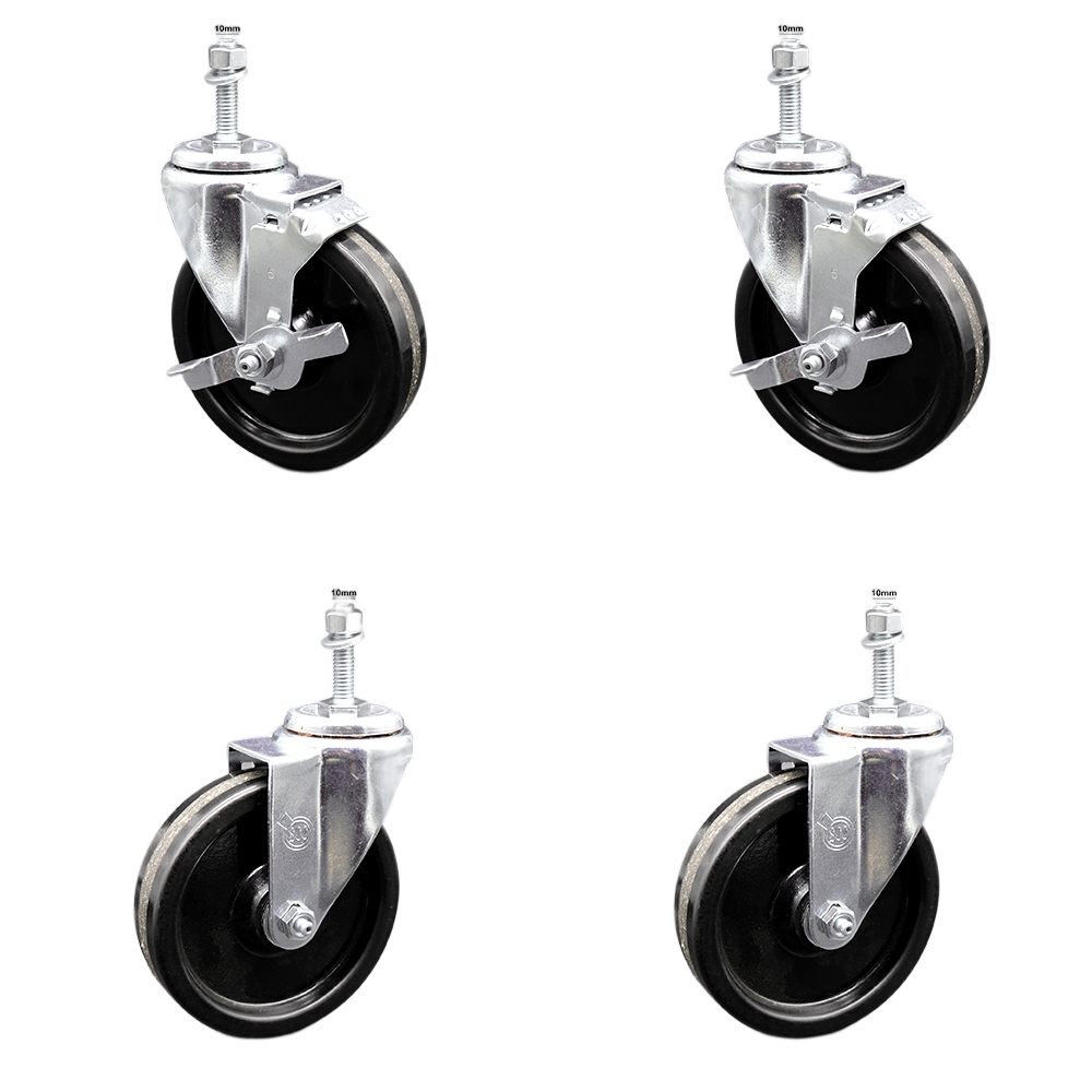 SCC-SSTS20S514-PHS-M1015-2-TLB-2 Stainless Steel Phenolic Swivel Threaded Stem Caster with 5 x 1.25 in. Black Wheels & 10 mm Stems - Set of 4