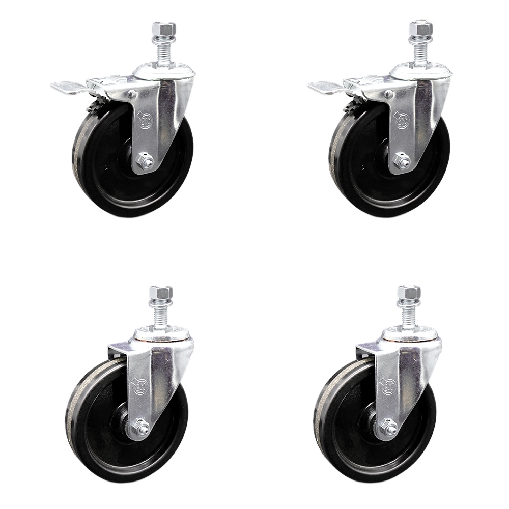 SCC-SSTSTTL20S514-PHS-M1215-2-S-2 Stainless Steel Phenolic Swivel Threaded Stem Caster with 5 x 1.25 in. Black Wheels & 12 mm Stems - Set of 4