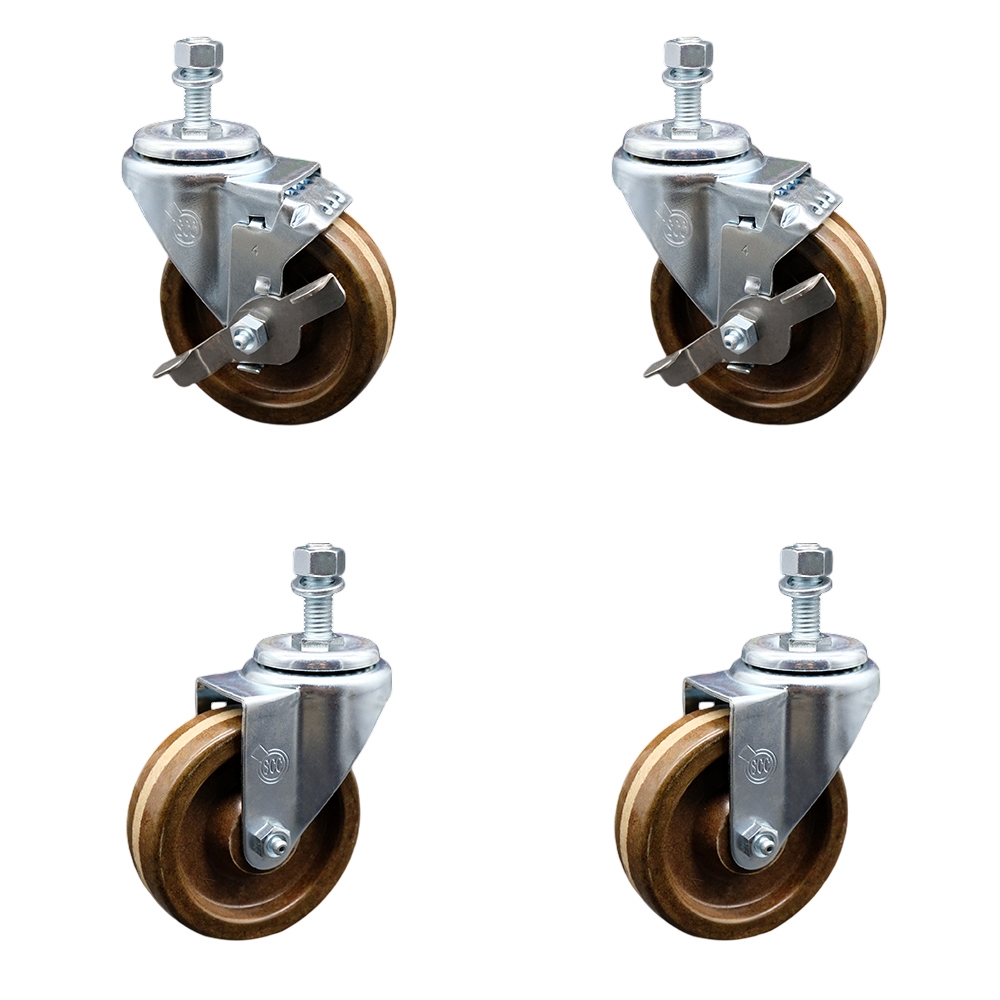 High Temperature Phenolic Swivel Threaded Stem Caster with Roller Bearing 4 x 1.25 in. Brown Wheels & 0.5 in. Stems - Set of 4