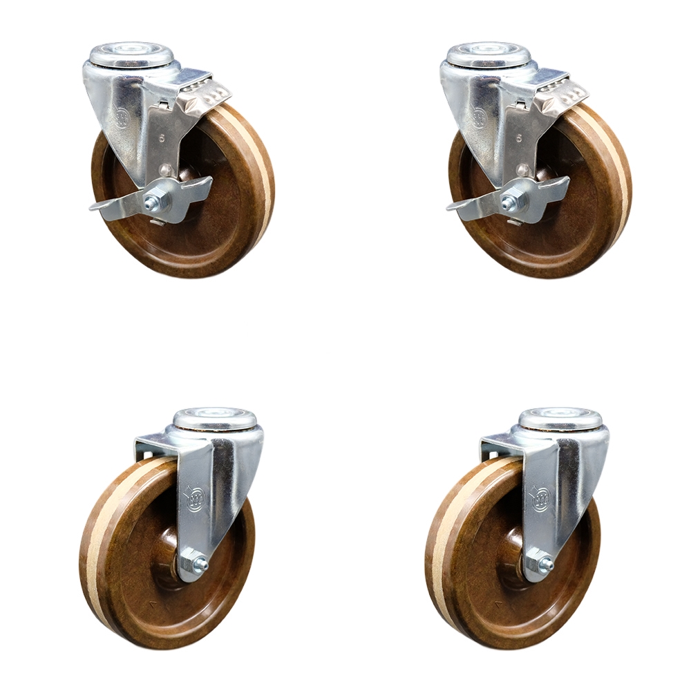 SCC-BH20S514-PHRHT-2-TLB-2 High Temperature Phenolic Swivel Bolt Hole Caster with Roller Bearing 5 x 1.25 in. Brown Wheels - Set of 4