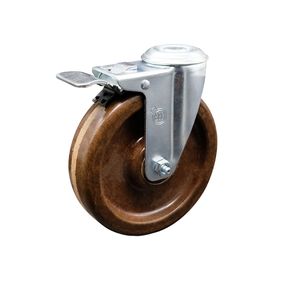 SCC-BHTTL20S615-PHRHT High Temperature Phenolic Swivel Bolt Hole Caster with Roller Bearing 6 x 1.5 in. Brown Wheel & Total Locking Brake