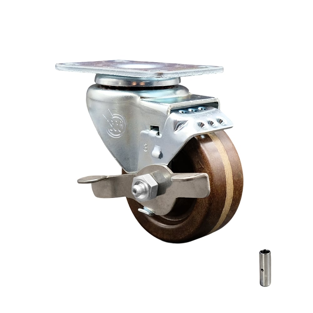 SCC-SS20S314-PHSHT-TLB Stainless Steel High Temperature Phenolic Swivel Top Plate Swivel Caster with 3 x 1.25 in. Brown Wheel & Top Locking Brake