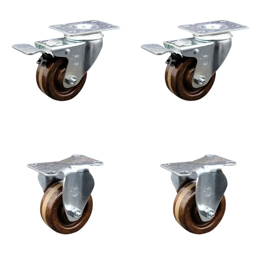 SCC-SSTTL20S314-PHSHT-2-R-2 Stainless Steel High Temperature Phenolic Swivel Top Plate Caster with 3 x 1.25 in. Brown Wheels - Set of 4
