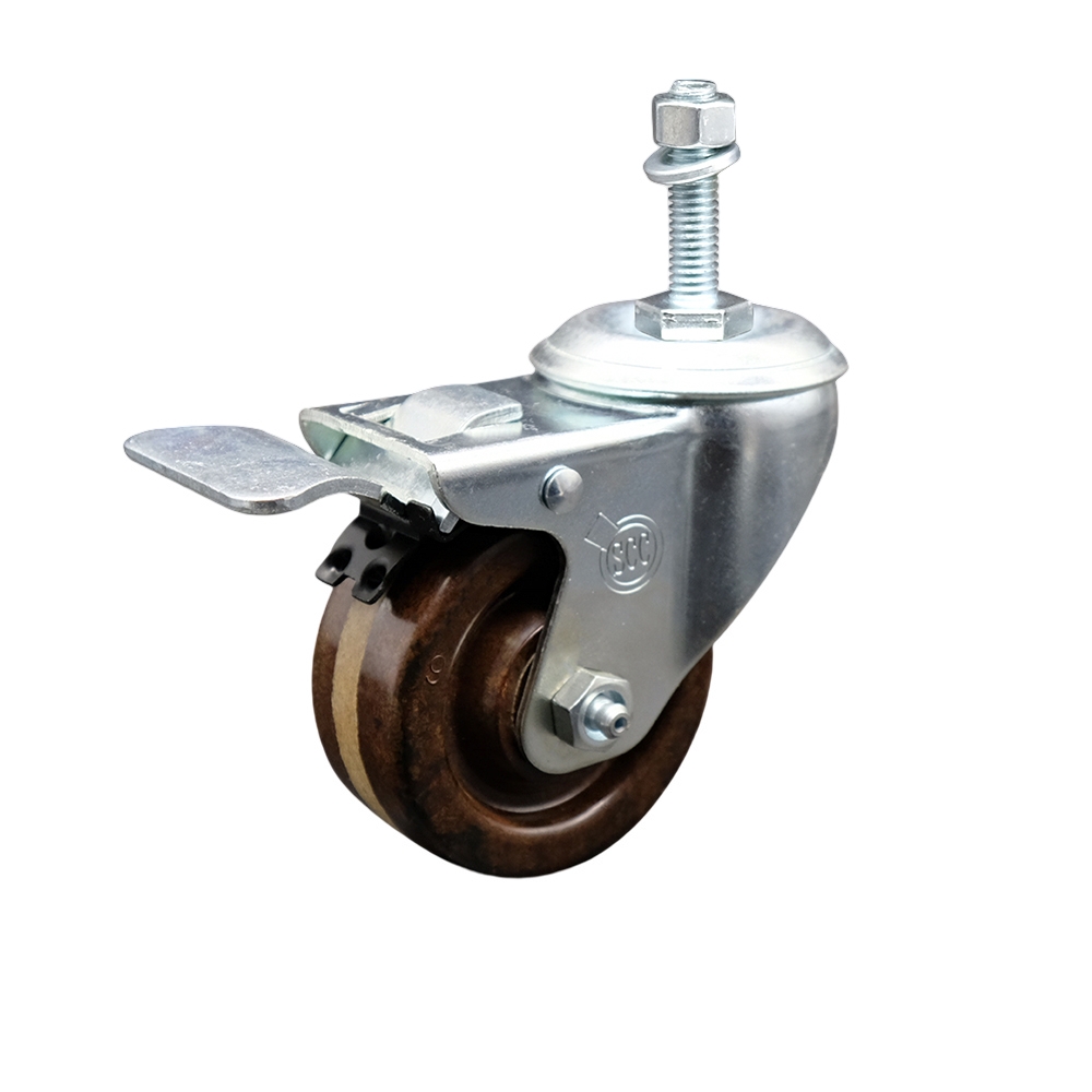 Stainless Steel High Temperature Phenolic Swivel Threaded Stem Caster with 3 x 1.25 in. Brown Wheel & 0.38 in. Stem & Total Locking Brake