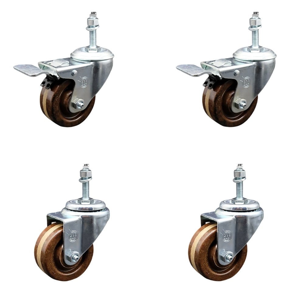 Stainless Steel High Temperature Phenolic Swivel Threaded Stem Caster with 3 x 1.25 in. Brown Wheels & 0.38 in. Stems - Set of 4