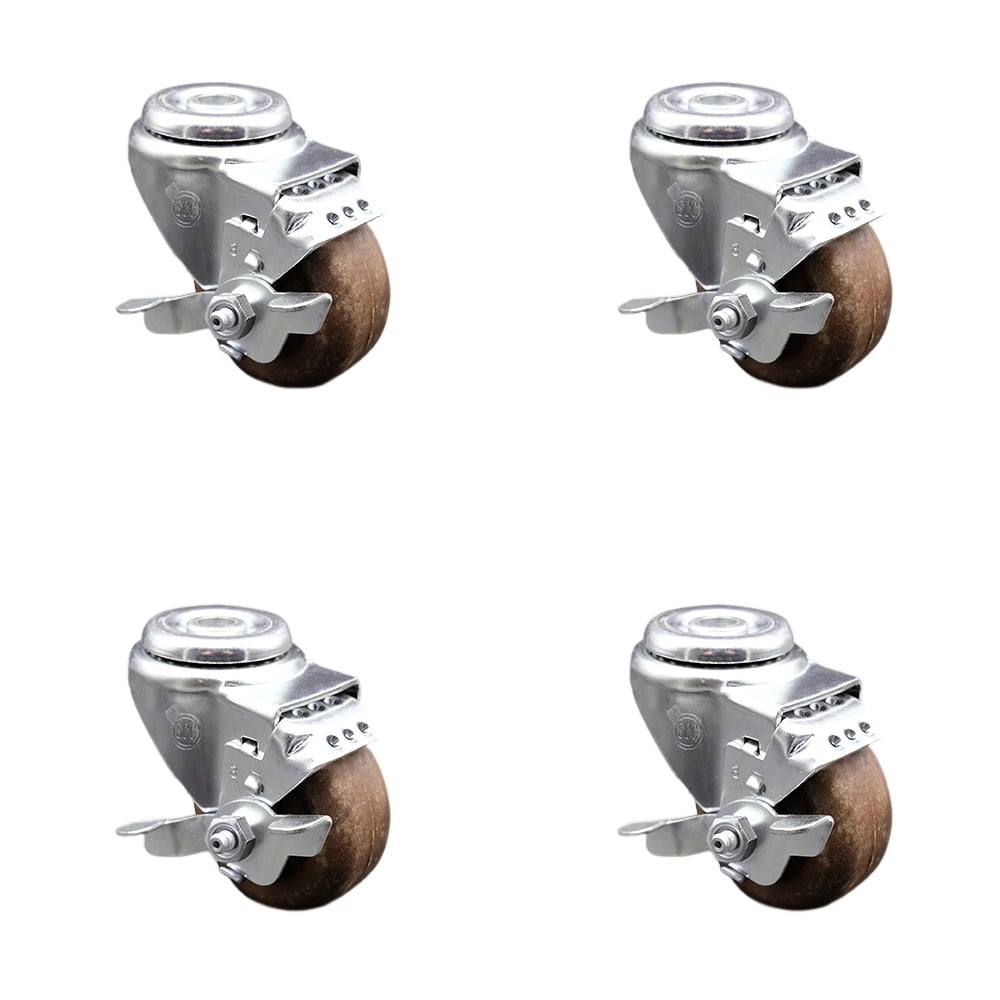 SCC-SSBH20S314-GFNSHT-TLB-4 Stainless Steel High Temperature Glass Filled Nylon Swivel Bolt Hole Caster with 3 x 1.25 in. Brown Wheels - Set of 4