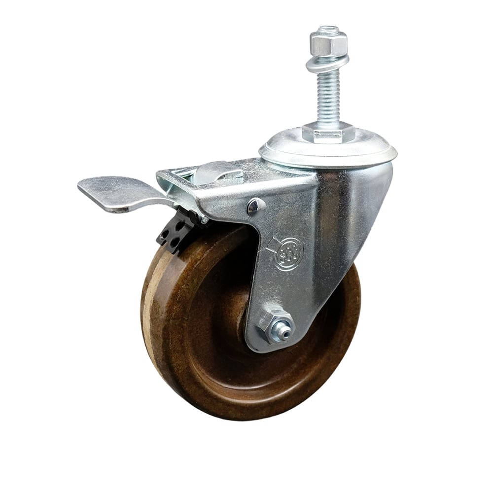 Stainless Steel High Temperature Phenolic Swivel Threaded Stem Caster with 4 x 1.25 in. Brown Wheel & 0.38 in. Stem & Total Locking Brake