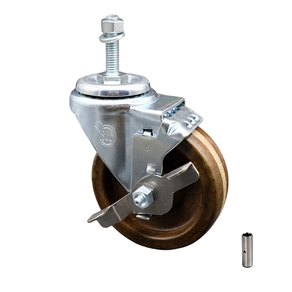 Stainless Steel High Temperature Phenolic Swivel Threaded Stem Caster with 4 x 1.25 in. Brown Wheel & 10 mm Stem & Top Locking Brake