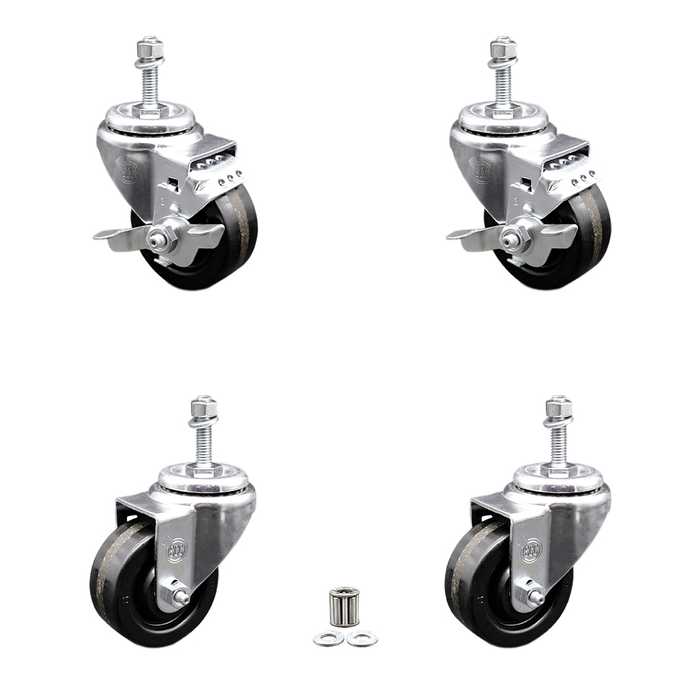 SCC-TS20S314-PHR-M1015-2-TLB-2 Phenolic Swivel Threaded Stem Caster with Roller Bearing 3 x 1.25 in. Black Wheels & 10 mm Stems - Set of 4