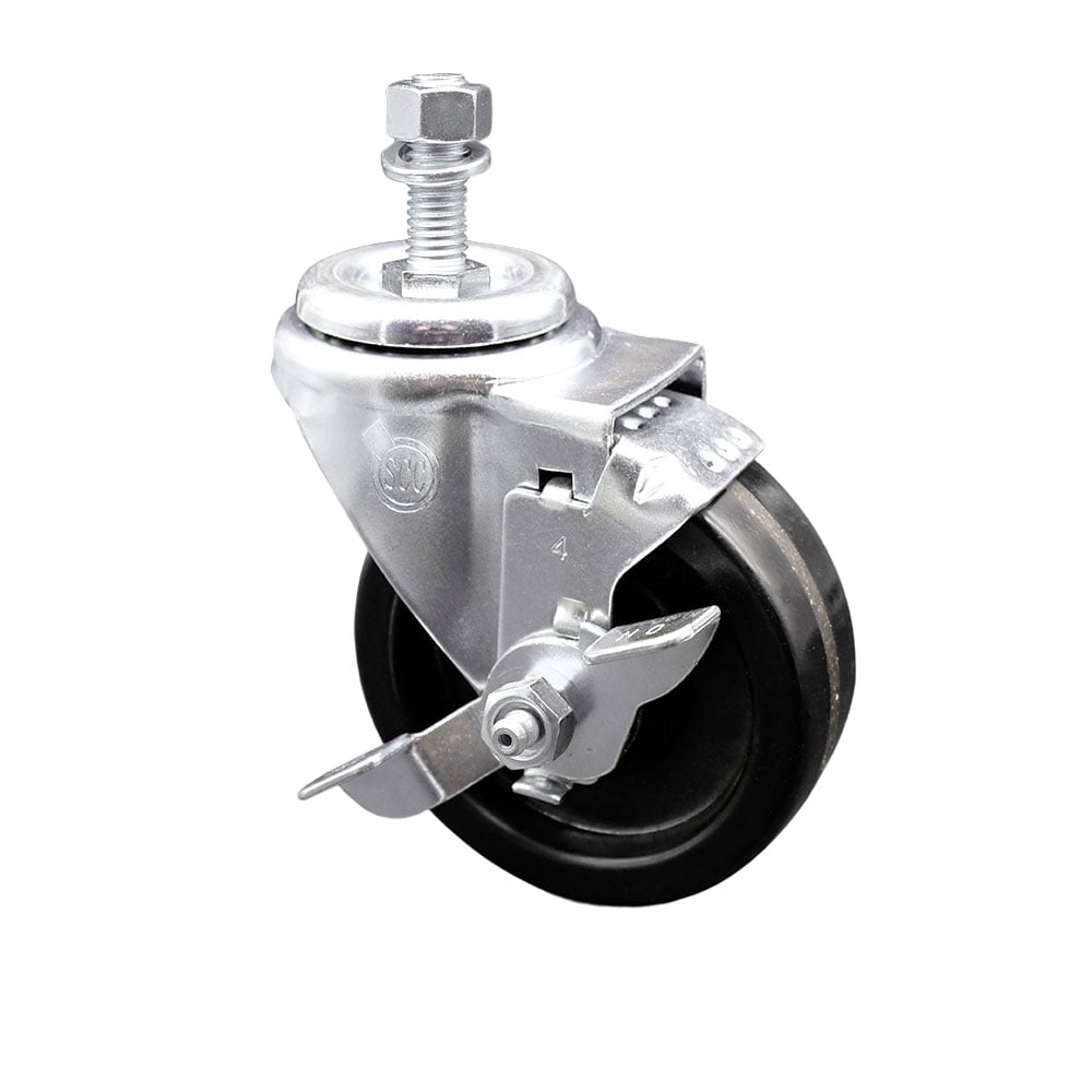 SCC-TS20S414-PHR-TLB-121315 Phenolic Swivel Threaded Stem Caster with Roller Bearing 4 x 1.25 in. Black Wheel & 0.5 in. Stem & Top Locking Brake
