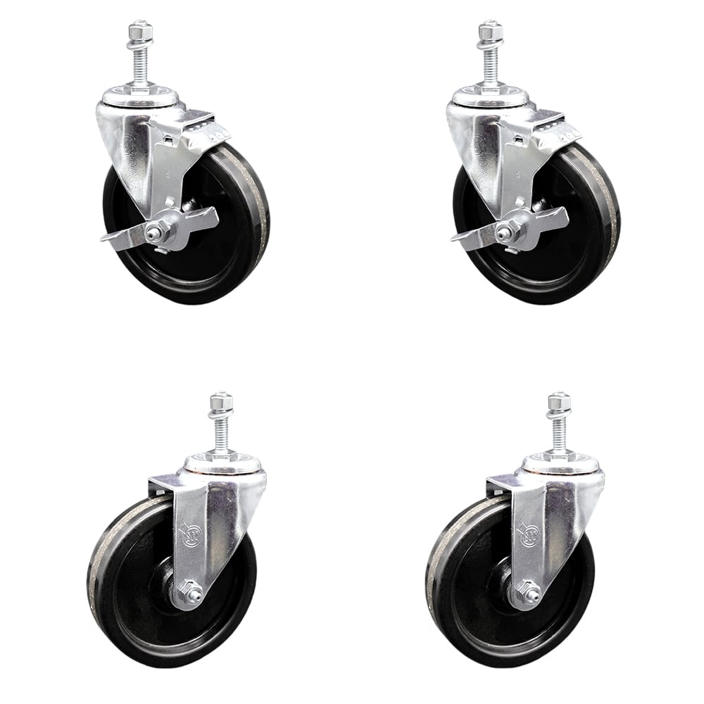 SCC-TS20S514-PHR-381615-2-TLB-2 Phenolic Swivel Threaded Stem Caster with Roller Bearing 5 x 1.25 in. Black Wheels & 0.38 in. Stems - Set of 4