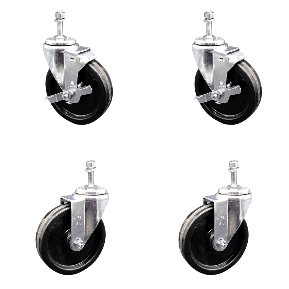 SCC-TS20S514-PHR-M1015-2-TLB-2 Phenolic Swivel Threaded Stem Caster with Roller Bearing 5 x 1.25 in. Black Wheels & 10 mm Stems - Set of 4