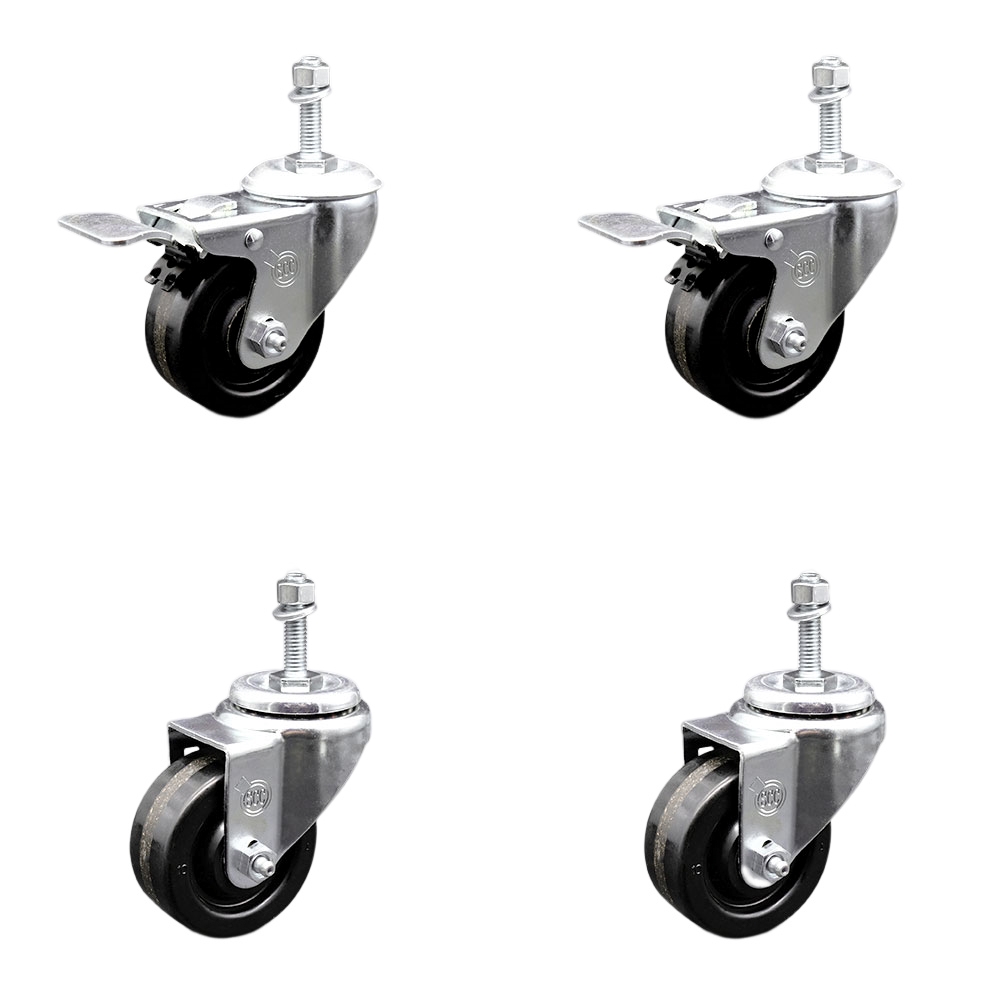 SCC-SSTSTTL20S314-PHS-M1015-2-S-2 Stainless Steel Phenolic Swivel Threaded Stem Caster with 3 x 1.25 in. Black Wheels & 10 mm Stems - Set of 4