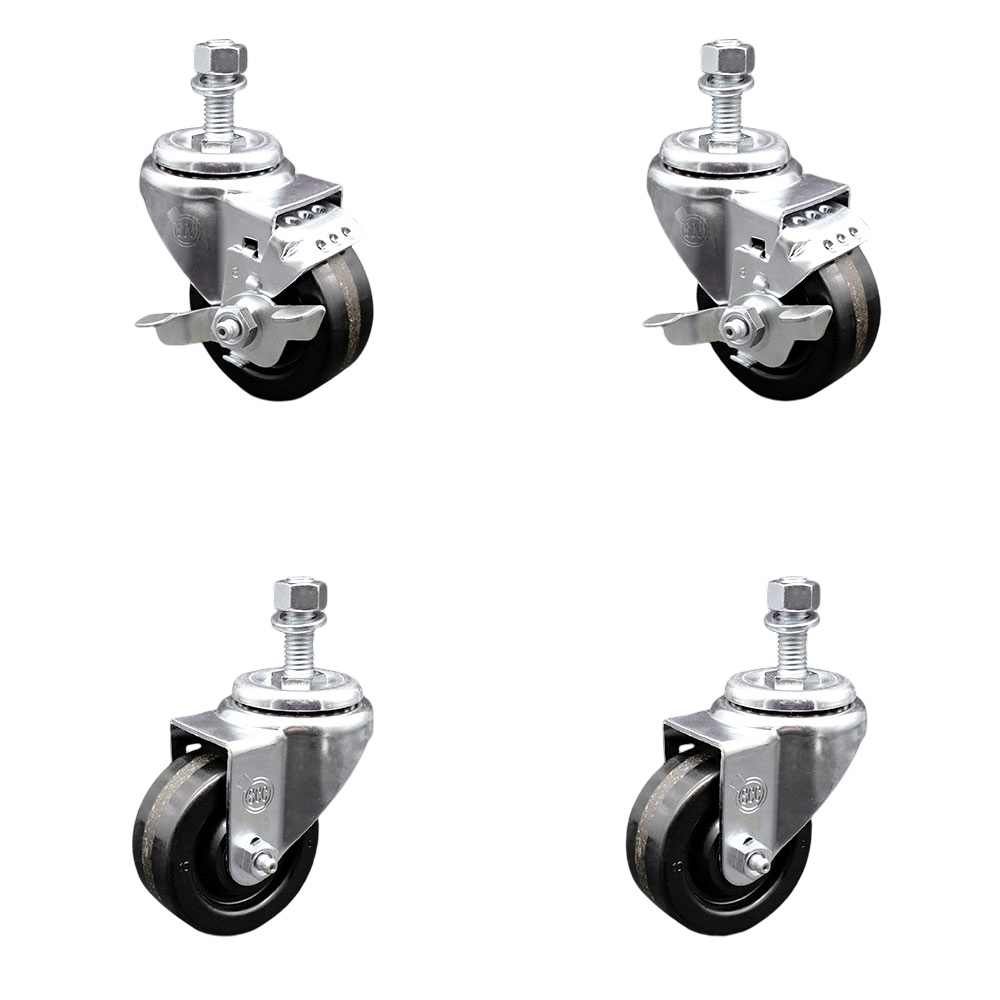 SCC-TS20S3514-PHS-M1215-2-TLB-2 Phenolic Swivel Threaded Stem Caster with 3.5 x 1.25 in. Black Wheels & 12 mm Stems - Set of 4