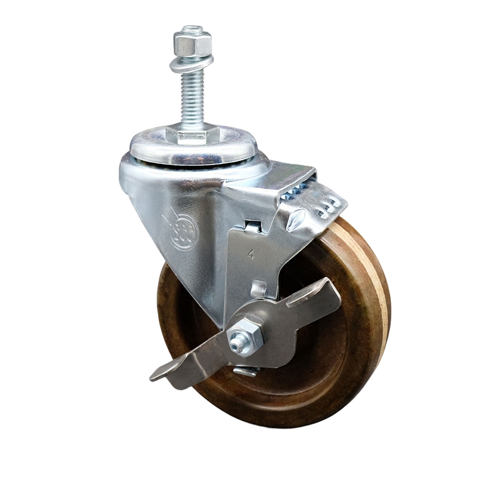 High Temperature Phenolic Swivel Threaded Stem Caster with Roller Bearing 4 x 1.25 in. Brown Wheel & 10 mm Stem & Top Locking Brake
