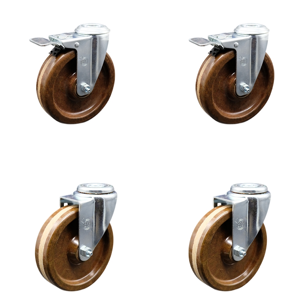 SCC-BHTTL20S514-PHRHT-2-S-2 High Temperature Phenolic Swivel Bolt Hole Caster with Roller Bearing 5 x 1.25 in. Brown Wheels - Set of 4