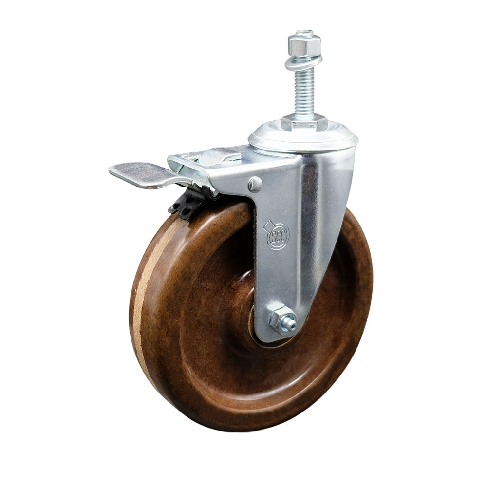 High Temperature Phenolic Swivel Threaded Stem Caster with Roller Bearing 5 x 1.25 in. Brown Wheel & 10 mm Stem & Total Locking Brake