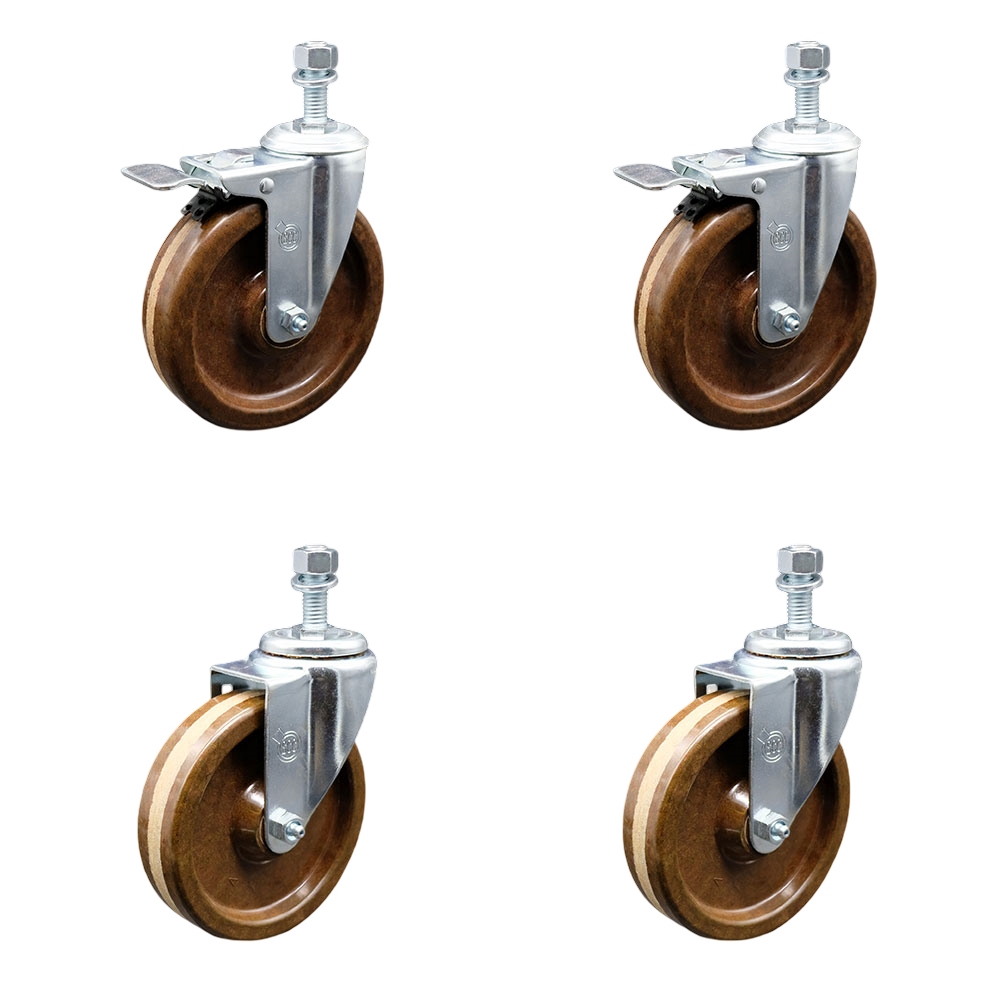 High Temperature Phenolic Swivel Threaded Stem Caster with Roller Bearing 5 x 1.25 in. Brown Wheels & 12 mm Stems - Set of 4
