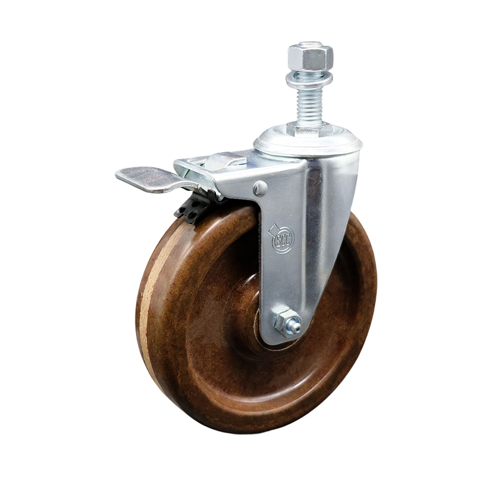 High Temperature Phenolic Swivel Threaded Stem Caster with Roller Bearing 6 x 1.5 in. Brown Wheel & 0.5 in. Stem & Total Locking Brake