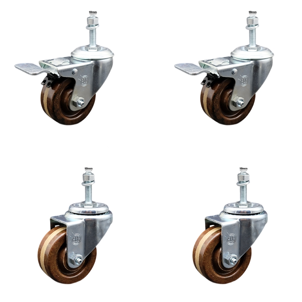 Stainless Steel High Temperature Phenolic Swivel Threaded Stem Caster with 3 x 1.25 in. Brown Wheels & 10 mm Stems - Set of 4