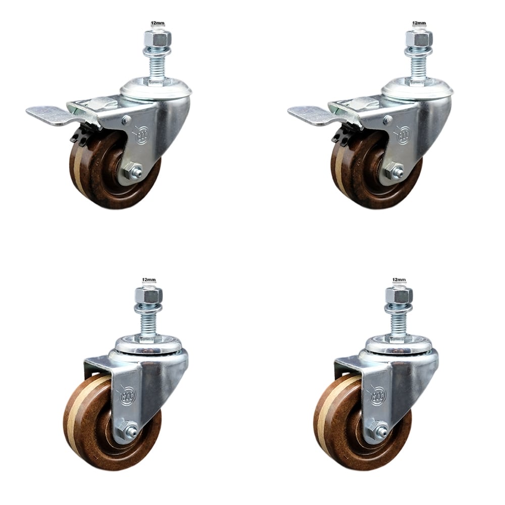 Stainless Steel High Temperature Phenolic Swivel Threaded Stem Caster with 3 x 1.25 in. Brown Wheels & 12 mm Stems - Set of 4