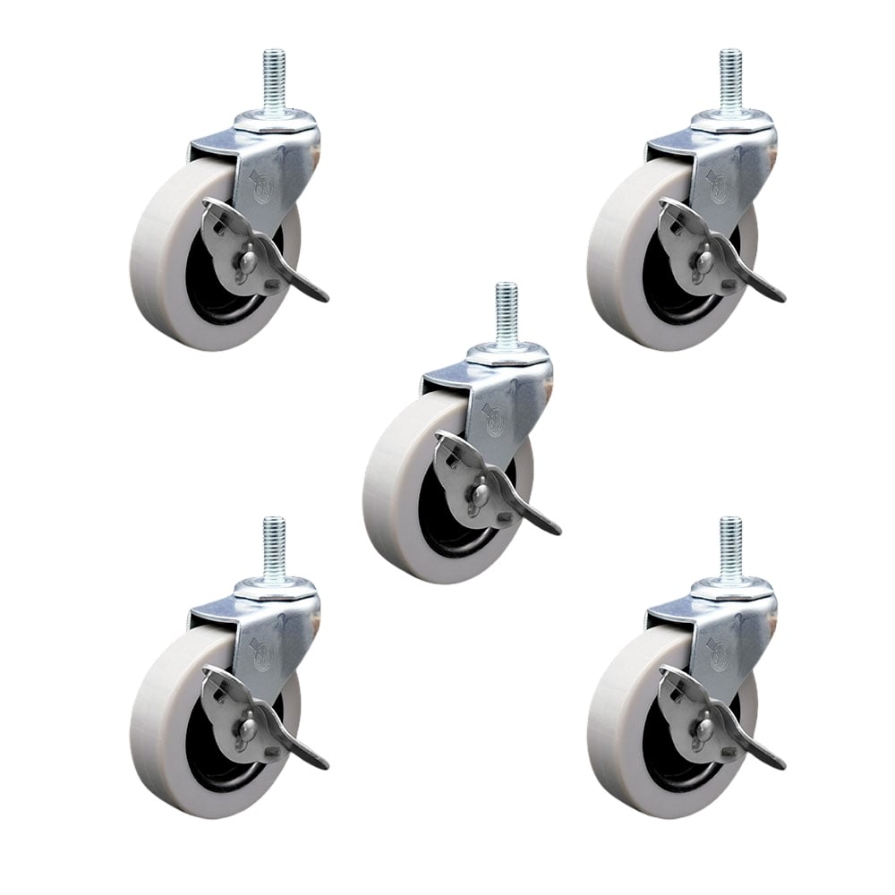 3 in. Swivel Thermoplastic Rubber Caster Wheels with 0.5 in. 13 TPI x 1.5 in. Threaded Stem Caster with Brake - Set of 5