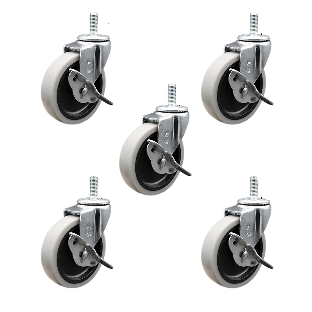 SCC-TS05S410-TPRS-SLB-M1015-5 4 in. Swivel Thermoplastic Rubber Caster Wheels with 10 mm 1.50 TPI x 1.5 in. Threaded Stem Caster & Brake - Set of 5