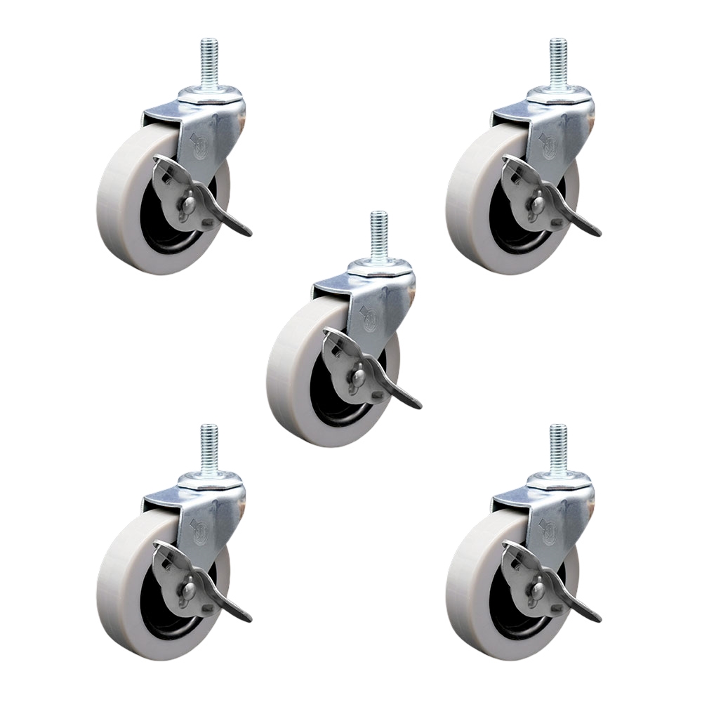 SCC-TS05S310-TPRS-SLB-M1215-5 3 in. Swivel Thermoplastic Rubber Caster Wheels with 12 mm 1.75 TPI x 1.5 in. Threaded Stem Caster & Brake - Set of 5