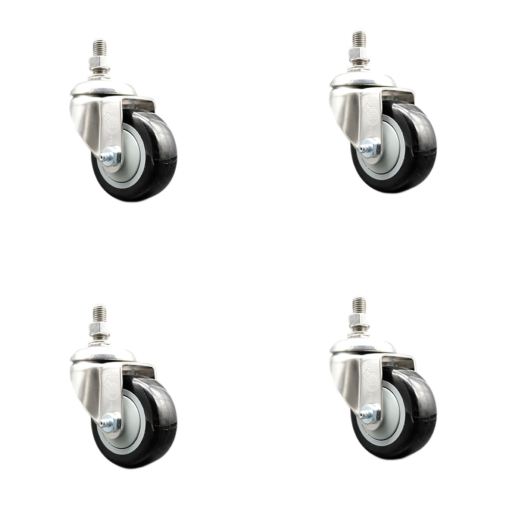 Polyurethane Swivel Stem Caster with 3 in. Black Caster Wheels, 0.5 in. Threaded Stems - 316 Stainless Steel Casters - Set of 4