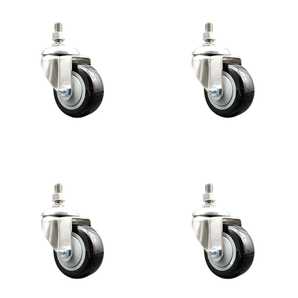 Polyurethane Swivel Stem Caster with 3.5 in. Black Caster Wheels, 0.38 in. Threaded Stems - 316 Stainless Steel Casters - Set of 4