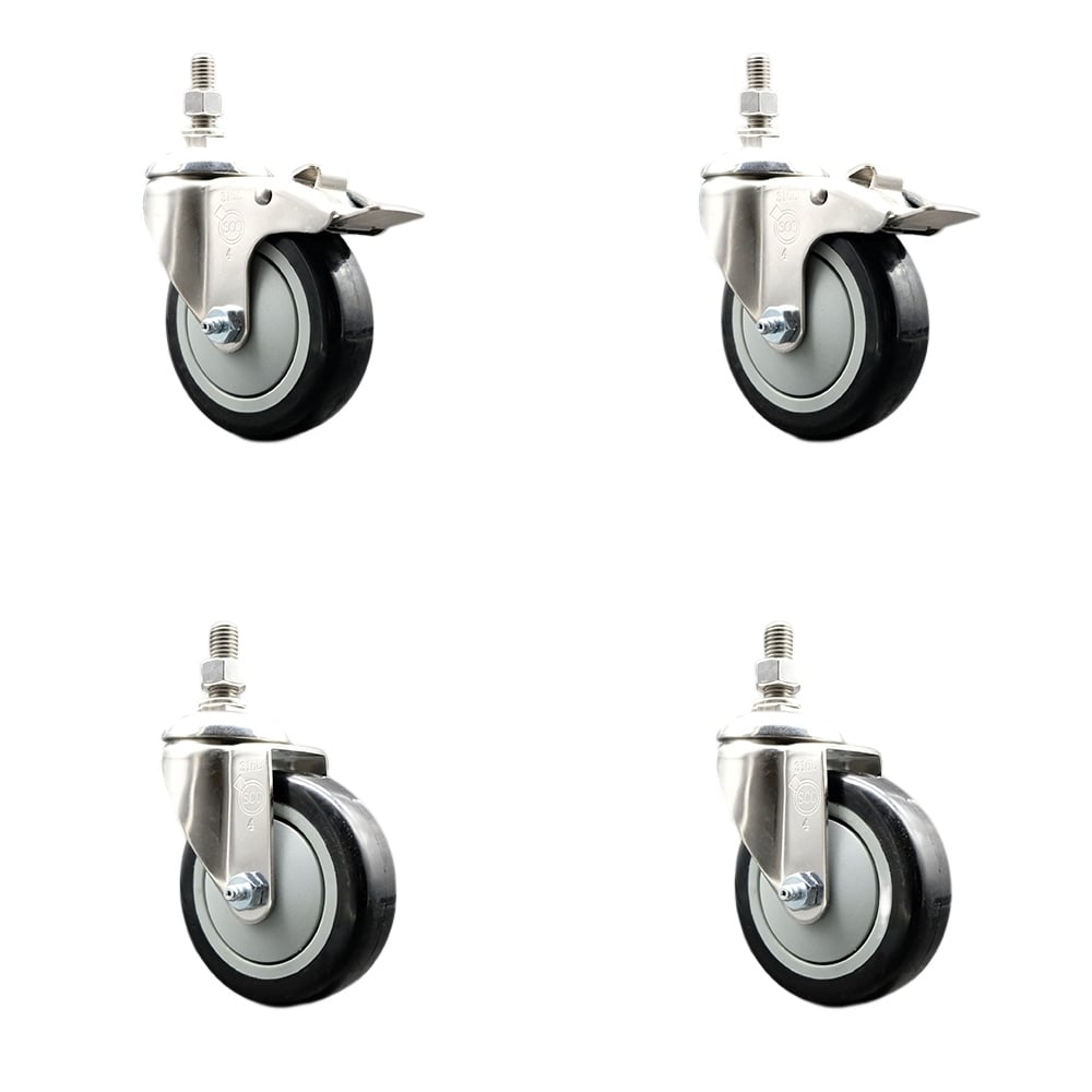 Poly Swivel Stem Caster with 4 in. Black Caster Wheels, 0.38 in. Threaded Stems - 316 Stainless Steel Casters - Set of 4