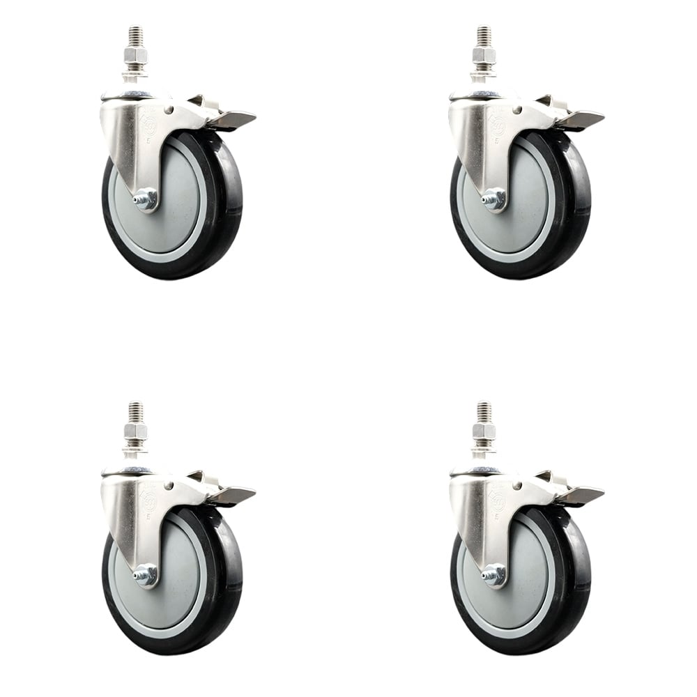 Polyurethane Swivel Stem Caster with 5 in. Black Caster Wheels, 0.38 in. Threaded Stems - 316 Stainless Steel Casters - Set of 4