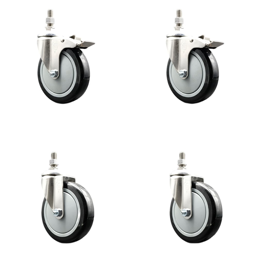 Poly Swivel Stem Caster with 5 in. Black Caster Wheels, 0.38 in. Threaded Stems - 316 Stainless Steel Casters - Set of 4