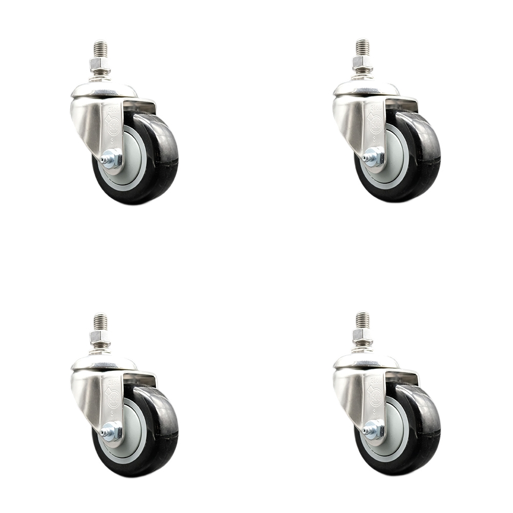 Polyurethane Swivel Stem Caster with 3 in. Black Caster Wheels, 10 mm Threaded Stems - 316 Stainless Steel Casters - Set of 4
