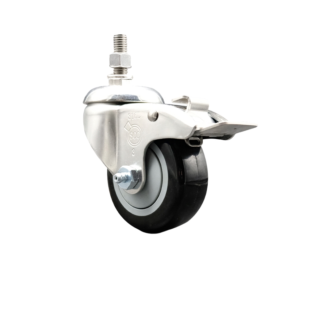 Polyurethane Swivel Stem Caster with 3.5 in. Black Caster Wheels & Total Lock Brake, 10 mm Threaded Stem - 316 Stainless Steel Caster