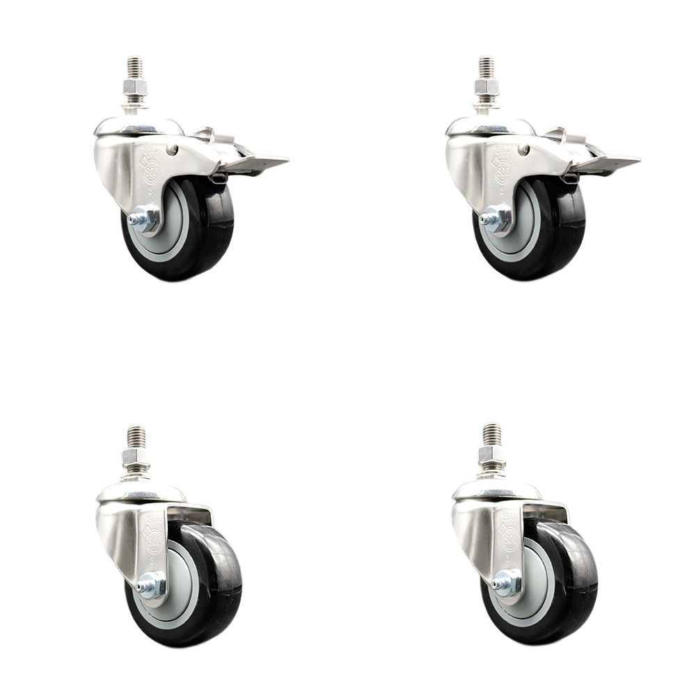 Poly Swivel Stem Caster with 3.5 in. Black Caster Wheels, 10 mm Threaded Stem - 316 Stainless Steel Caster - Set of 4