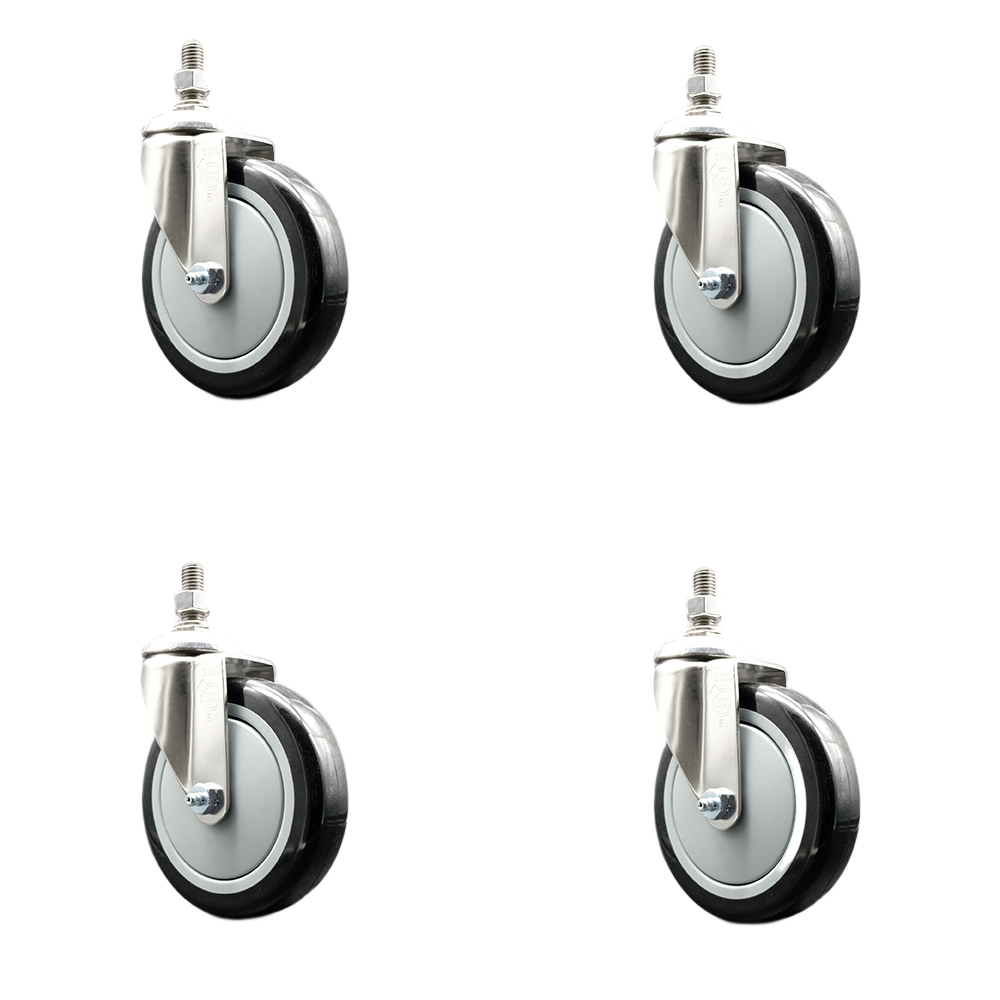 Polyurethane Swivel Stem Caster with 5 in. Black Caster Wheels, 10 mm Threaded Stems - 316 Stainless Steel Casters - Set of 4