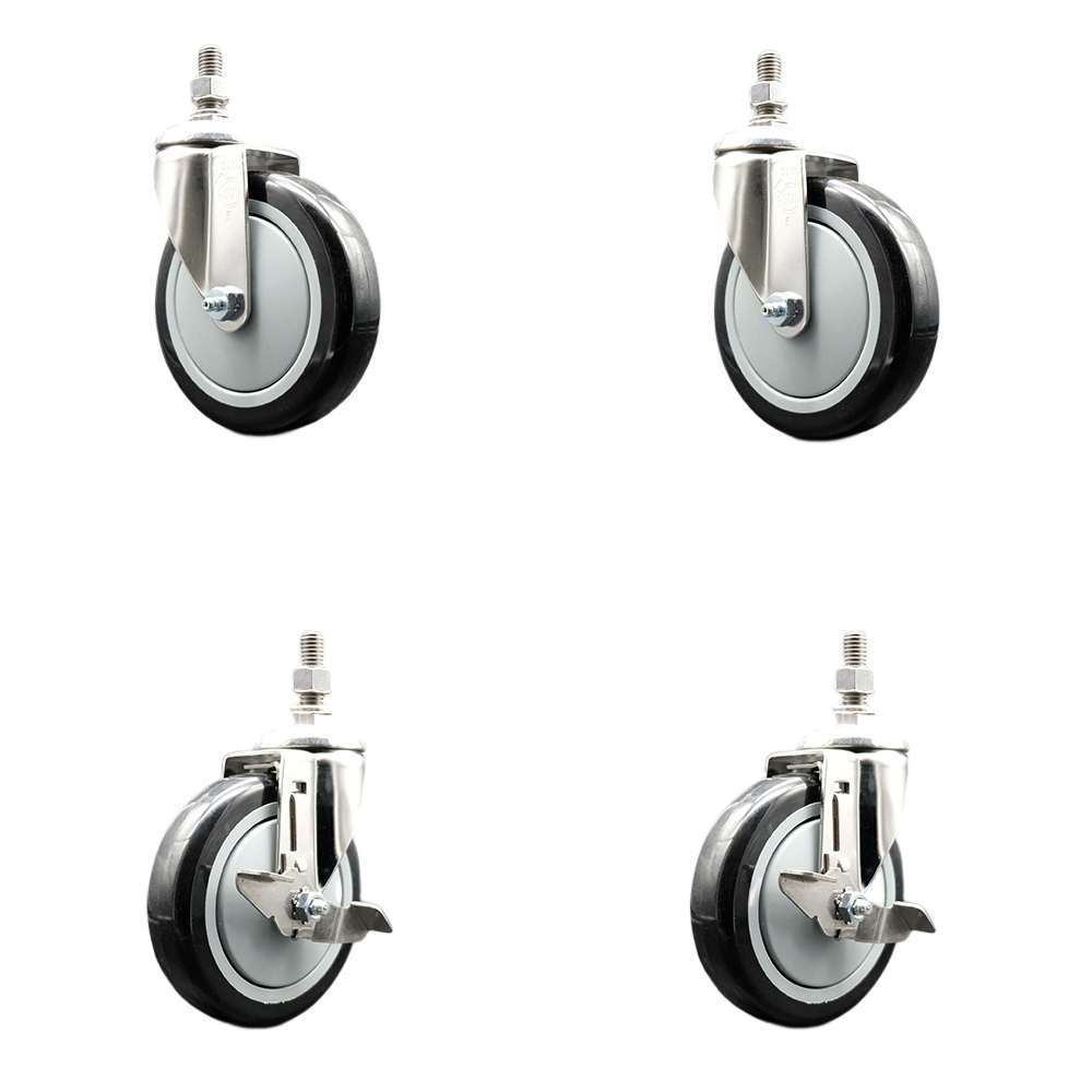 Poly Swivel Stem Caster with 5 in. Black Caster Wheels, 10 mm Threaded Stems - 316 Stainless Steel Casters - Set of 4