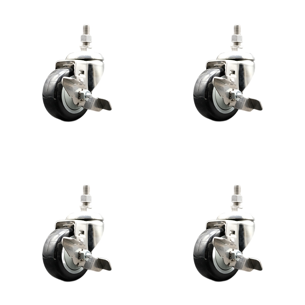 Polyurethane Swivel Stem Caster with 3.5 in. Black Caster Wheels, 12 mm Threaded Stems - 316 Stainless Steel Casters - Set of 4